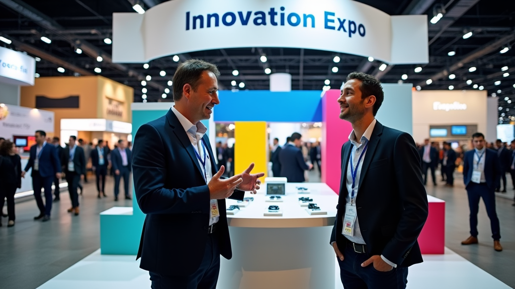 A busy trade show floor with various product booths and attendees interacting with exhibitors