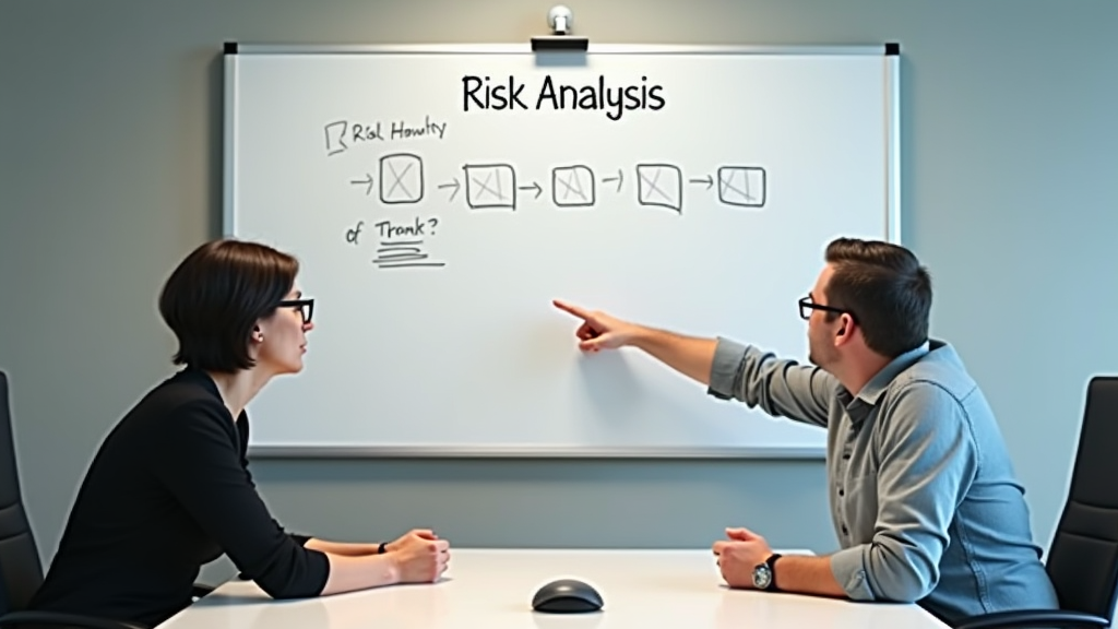 A team of professionals conducting a risk assessment meeting, analyzing charts and diagrams on a large screen