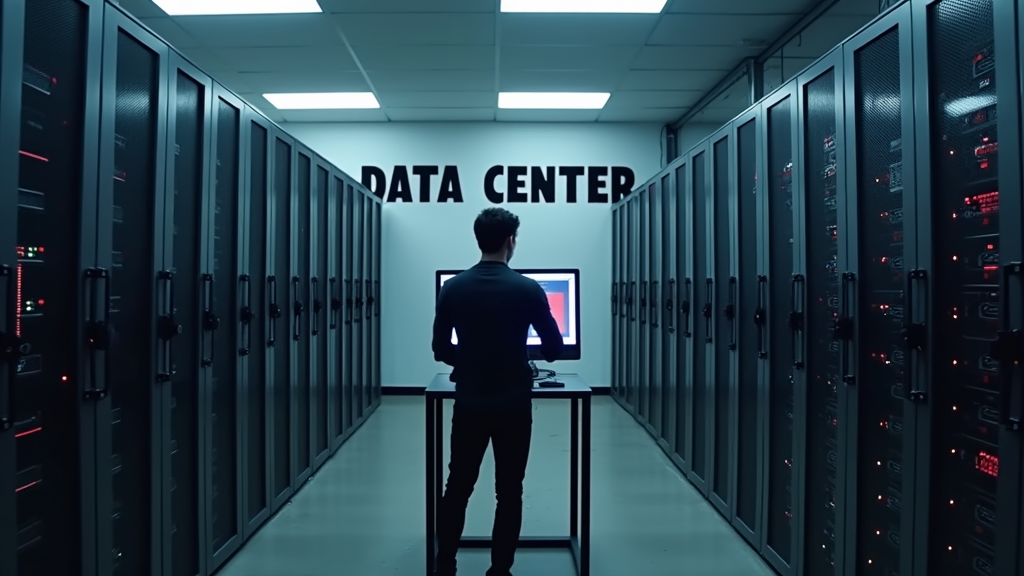 A secure server room with multiple servers and a person working on a computer terminal