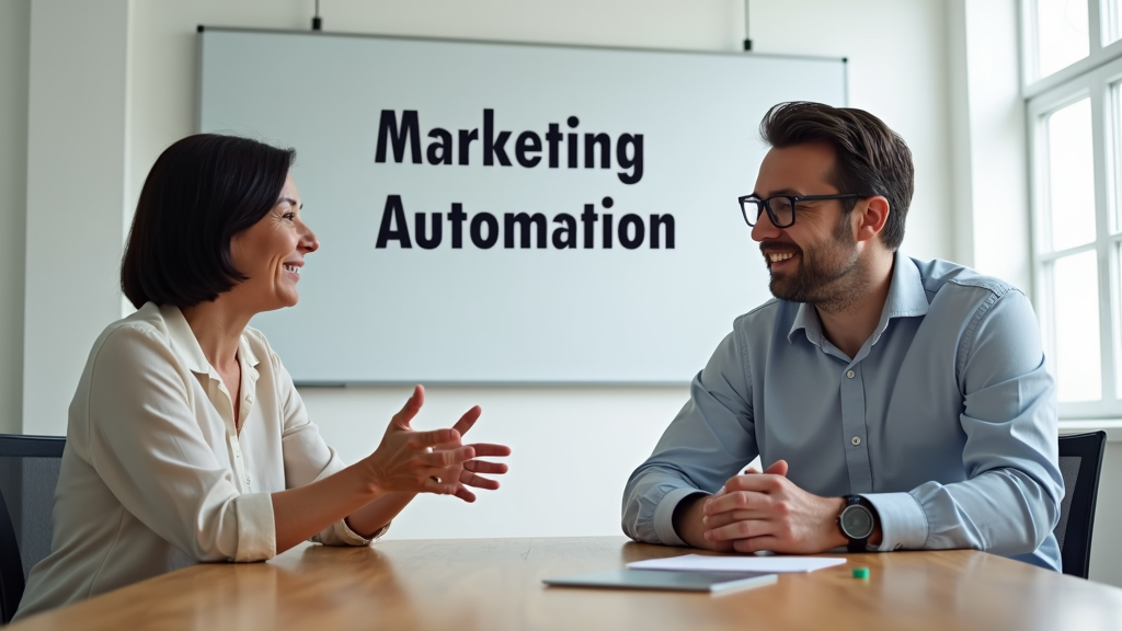 A group of people in a meeting room discussing marketing automation strategies