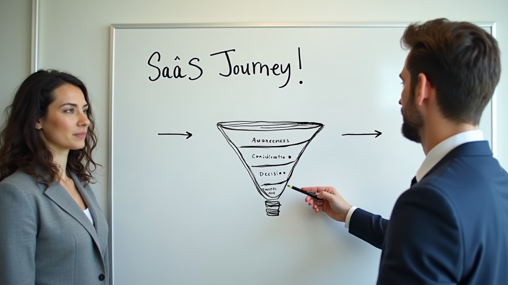 A detailed diagram showing a SaaS marketing funnel with various stages and metrics