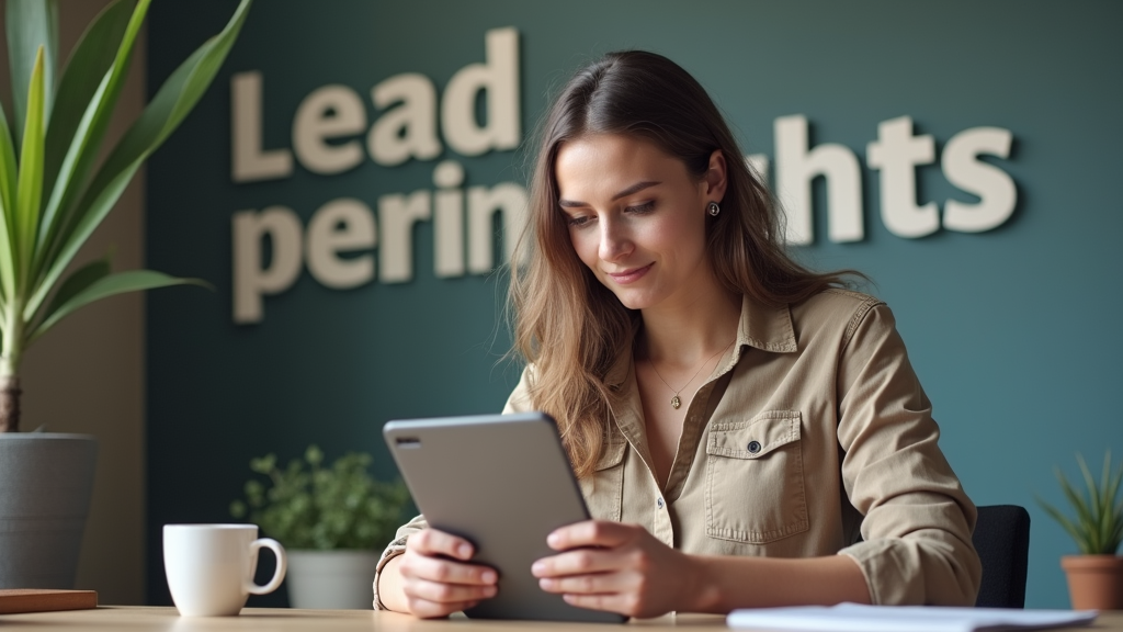 A person using a tablet to review analytics dashboard with lead scoring metrics and conversion rates