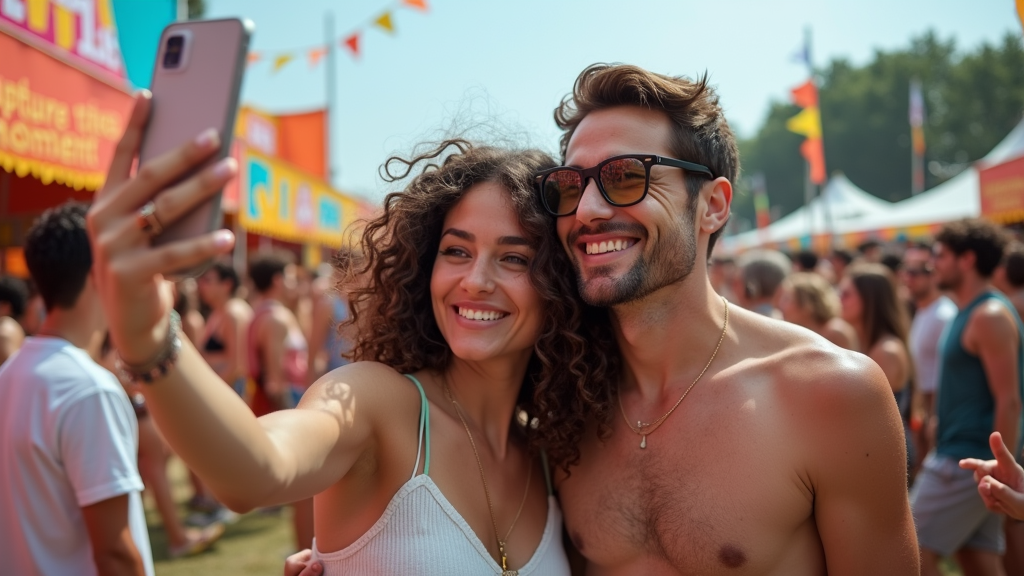 A group of diverse people taking selfies and photos with smartphones at a colorful outdoor event