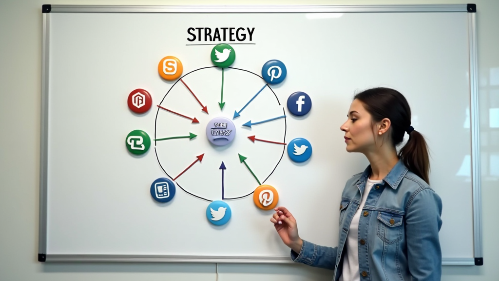 Social media marketing strategy visualized with icons representing different platforms and arrows pointing to a central business icon