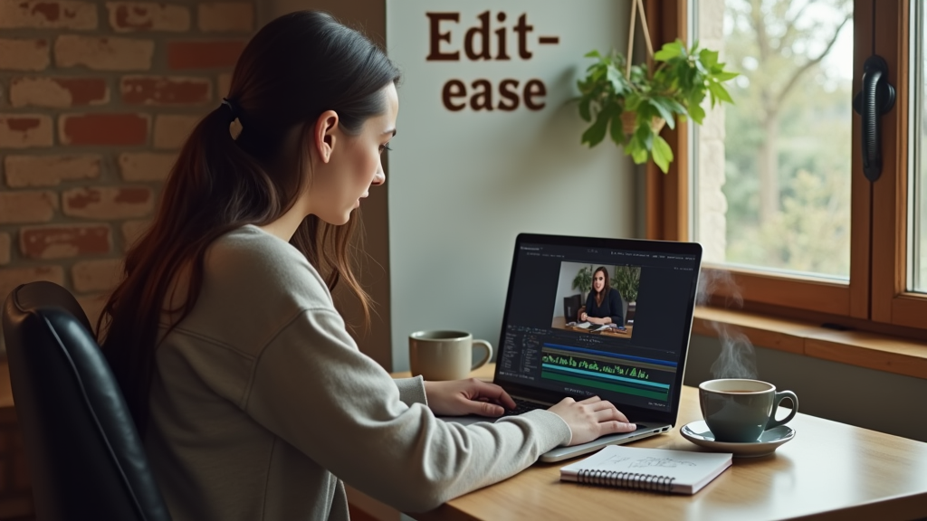 A person editing a video on a laptop, with text overlays representing Descript's text-based editing interface