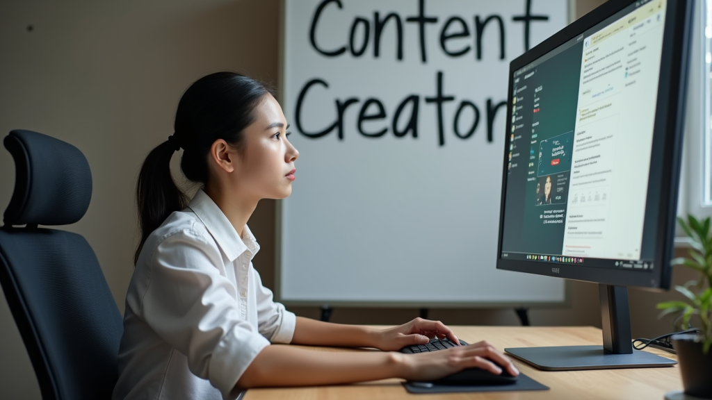 A content creator sitting at a desk with multiple screens, editing video content and planning a content calendar