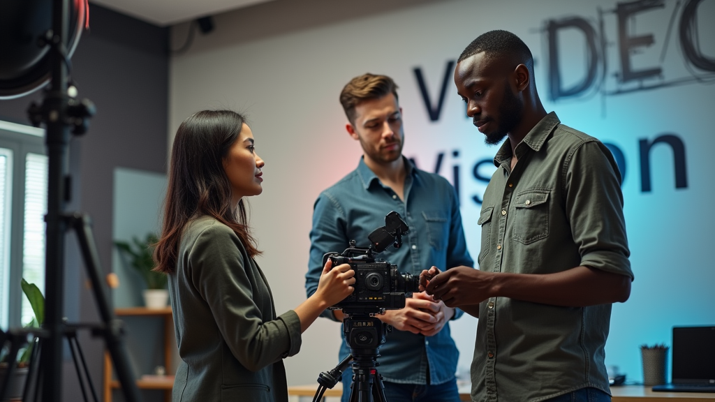 A diverse team of video professionals collaborating in a modern office space, surrounded by cameras, lighting equipment, and editing stations