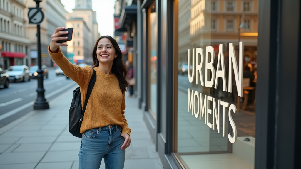 A diverse group of people taking selfies and photos with smartphones, showcasing various products in a bustling city street