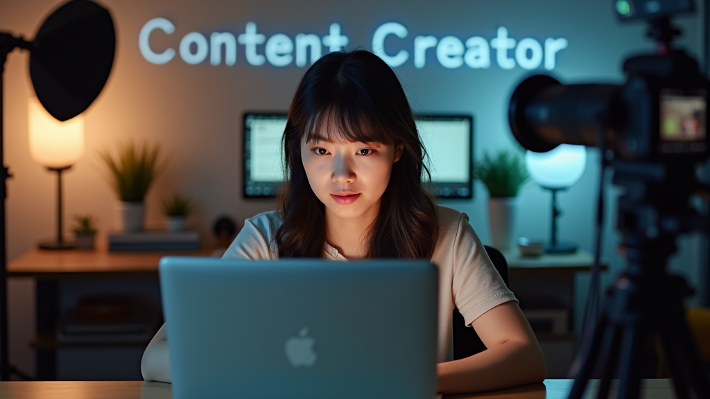 A person editing UGC content on a laptop, surrounded by camera equipment and lighting in a home studio setup