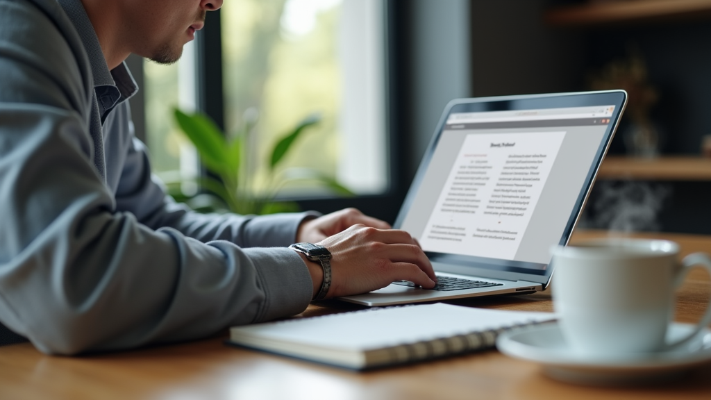 A person at a desk creating a digital ebook on a computer, surrounded by notes and a cup of coffee