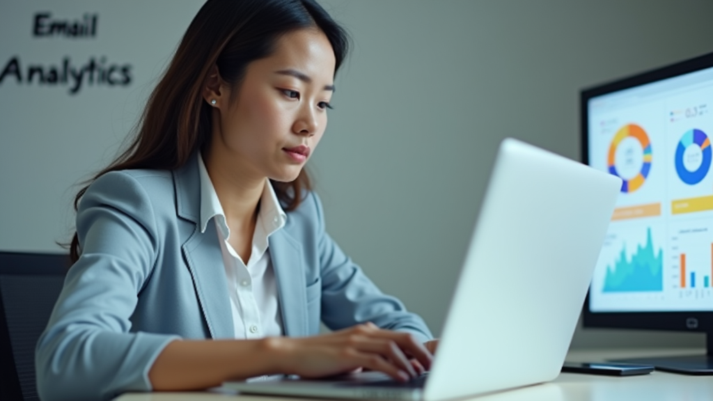 A person analyzing email marketing metrics on a computer screen with graphs and charts showing increased website traffic and sales