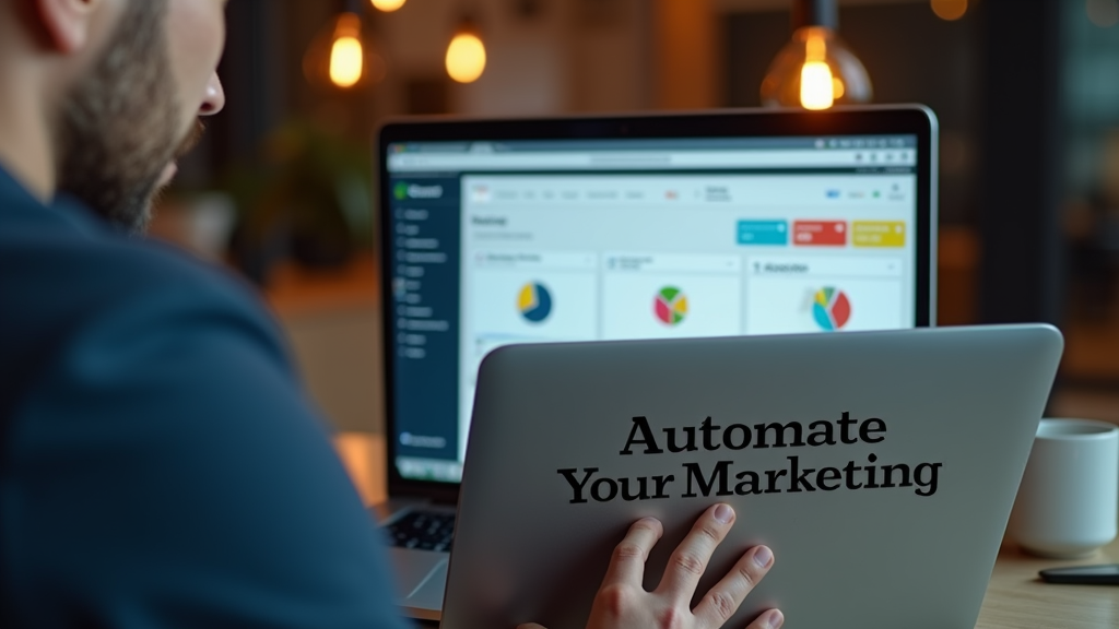 A marketer using a laptop to manage social media automation tools