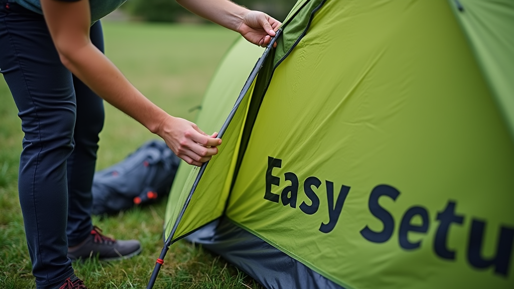 A person setting up the MSR Hubba Hubba NX tent in a grassy field, demonstrating the easy assembly process