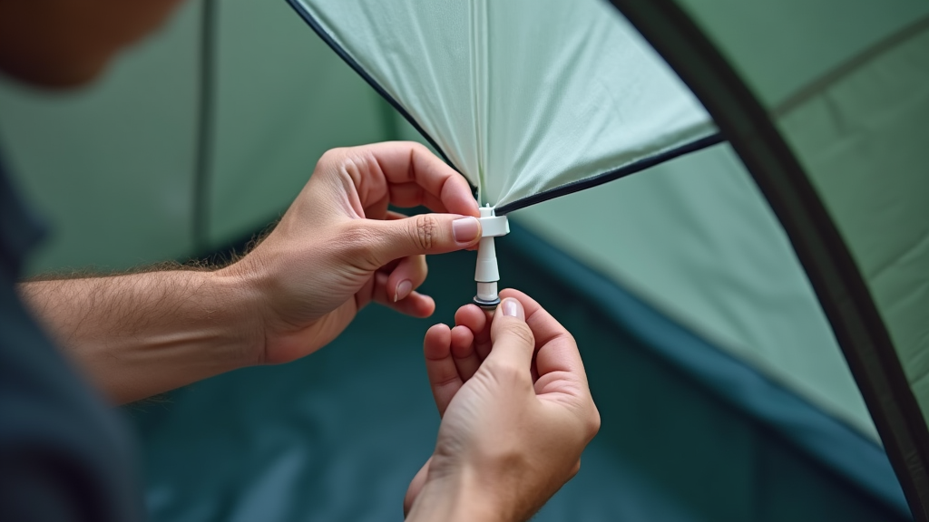 A person applying silicone lubricant to a tent zipper