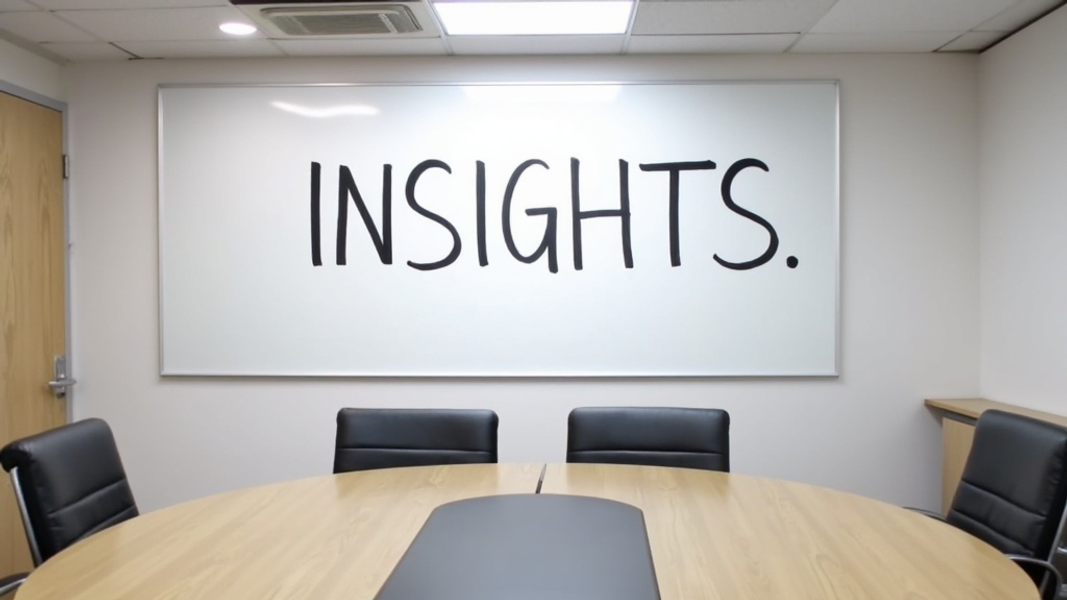 Wide shot of a modern meeting room with a circular table and two empty chairs, focusing on a large whiteboard where "INSIGHTS" is written in large, bold font