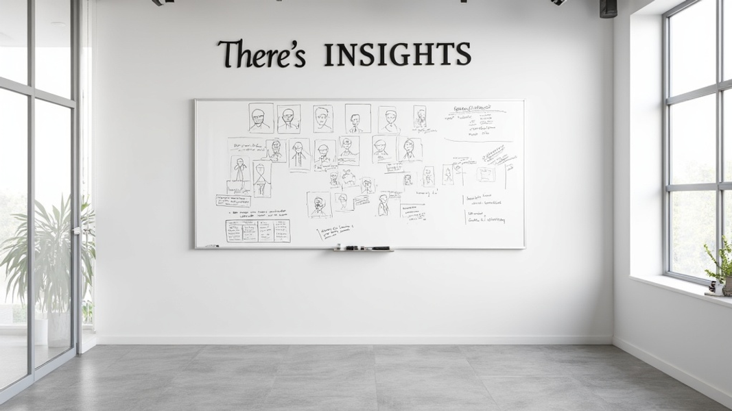 Wide shot of a minimalist office space featuring a large whiteboard covered with simple customer persona sketches and demographic information, with "There's written INSIGHTS with large bold font on the wall above the whiteboard