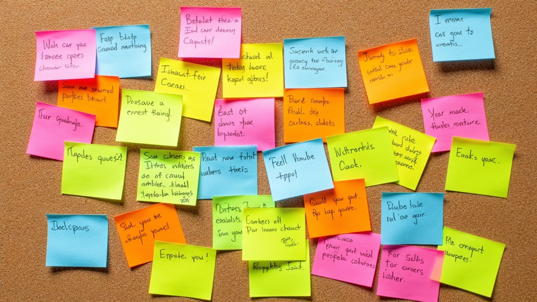 A medium shot of a cork board with dozens of colorful sticky notes, each displaying a unique email subject line, creating a visual representation of an email campaign strategy