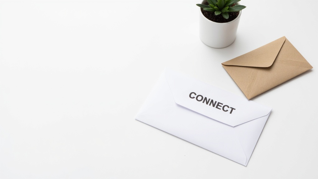 Wide shot of a minimalist white desk with a single sealed envelope and a small potted plant, symbolizing growth and communication in email marketing, with "CONNECT" written in large bold font on the envelope