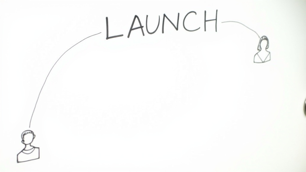 Close-up of a simple, hand-drawn path on a whiteboard, curving from left to right with two distinct buyer persona icons at different points, symbolizing their journey towards a goal, with "LAUNCH" written in large bold font at the top