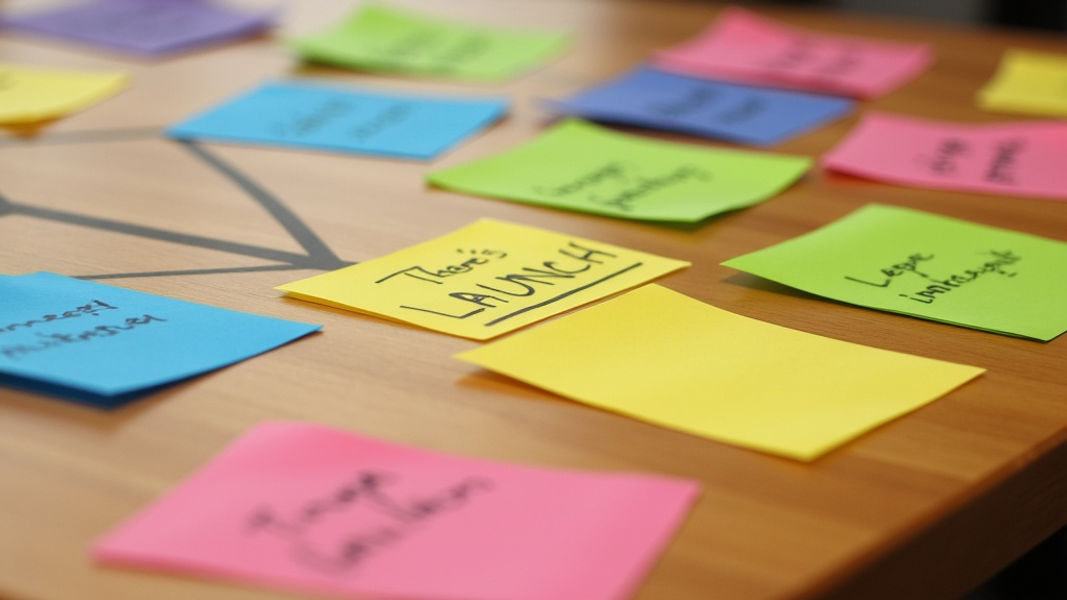 Close-up of a modern wooden table with a neatly arranged set of colorful sticky notes forming a visual roadmap, with "There's written LAUNCH with large bold font on the center sticky note