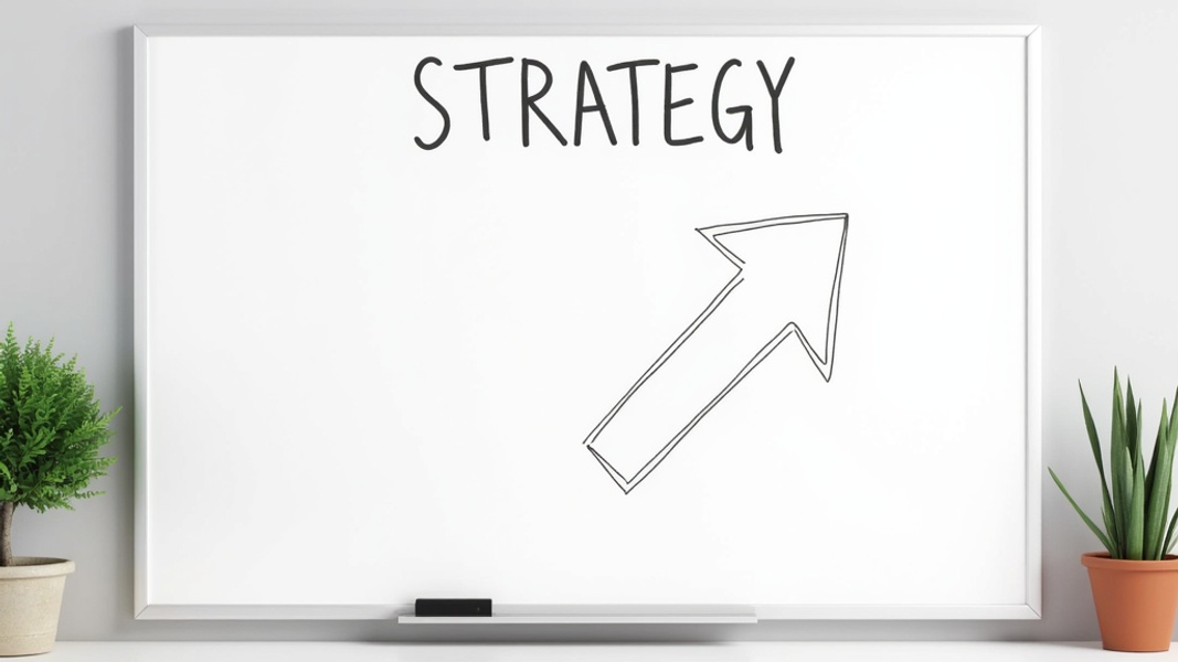 Medium shot of a clean whiteboard with a simple arrow diagram illustrating market positioning, next to a potted plant for contrast, and there's written "STRATEGY" with large bold font on the top of the whiteboard