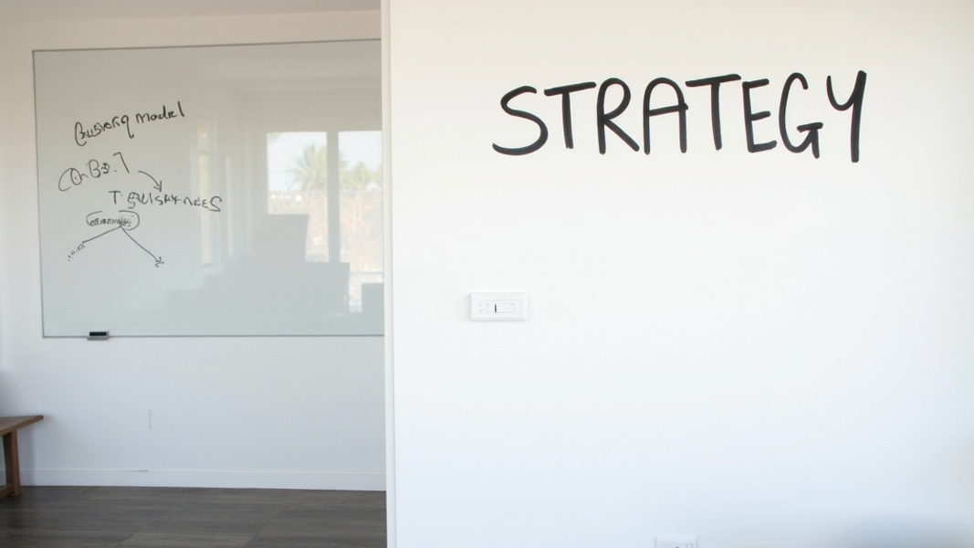 Wide shot of a minimalist office with a clean whiteboard and a simple business model sketch, while there's written "STRATEGY" with large bold font on the wall