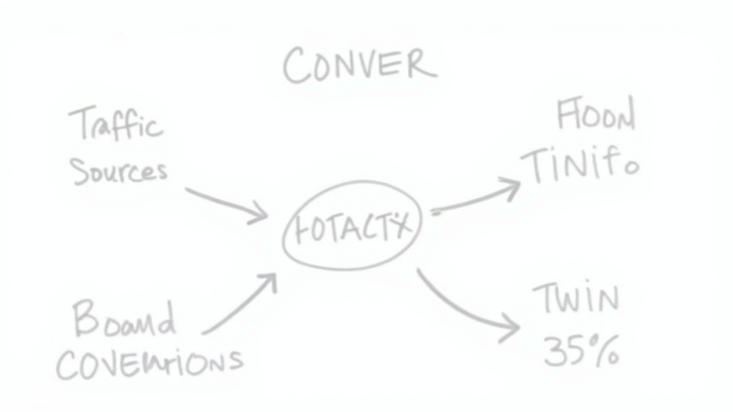 A wide shot of a simple whiteboard diagram showing thick and thin arrows pointing to a central circle, representing traffic sources and conversion rates, with "CONVERT" written in large bold font at the top