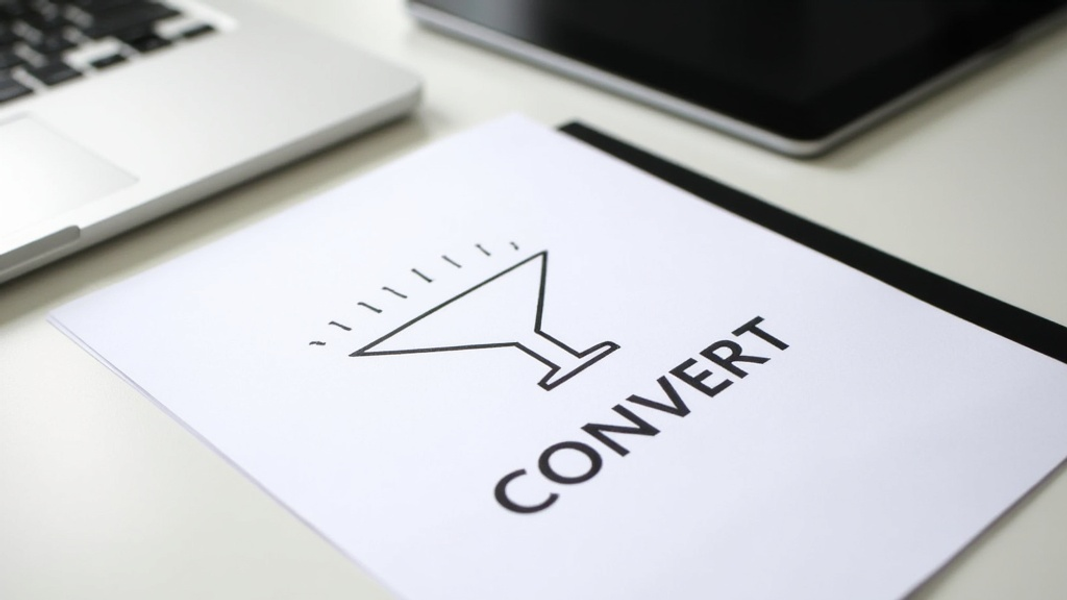 Close-up of a sleek, modern desk with a single sheet of paper showing a simplified funnel illustration, and there's written "CONVERT" with large bold font on the bottom of the page