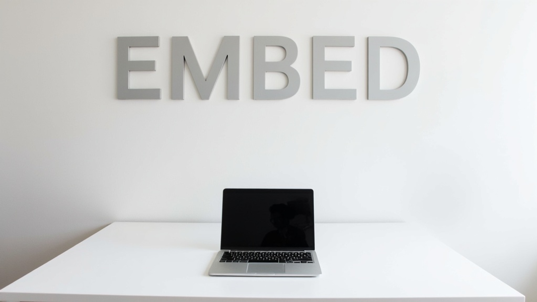 Wide shot of a minimalist workspace with a closed laptop on a clean desk, emphasizing the concept of seamless integration without showing screens, with "EMBED" written in large bold font on the wall behind