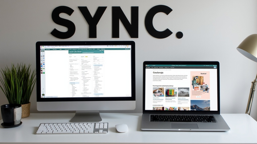 A medium shot of a sleek workstation with two distinct areas, one representing a clean, organized document layout and the other a polished website design, visually demonstrating content synchronization; there's written "SYNC" with large bold font on the wall above