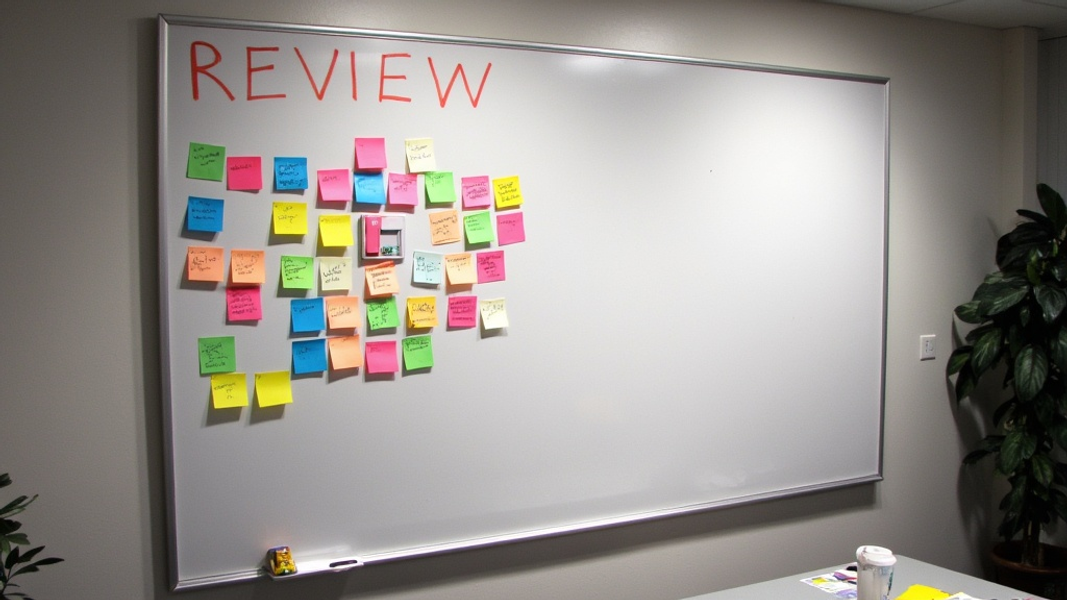 Wide shot of a modern editing room featuring a large whiteboard filled with colorful sticky notes, suggesting collaborative video review processes, with "REVIEW" written in large bold font on the whiteboard