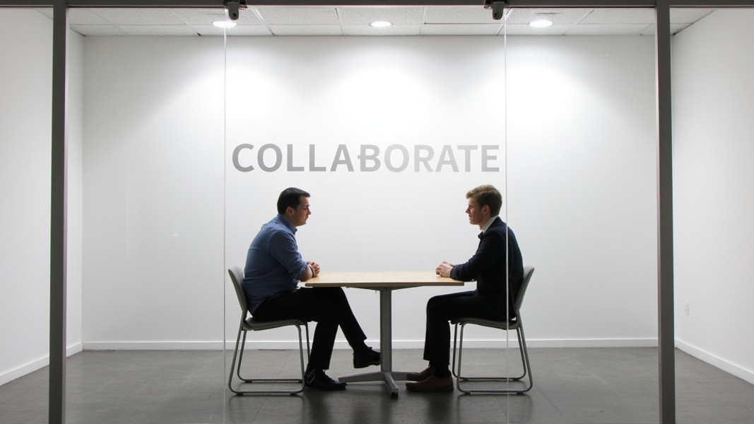 Wide shot of a minimalist meeting room with two people seated at a table, looking at a large blank wall, with "COLLABORATE" written in large bold font on the glass door
