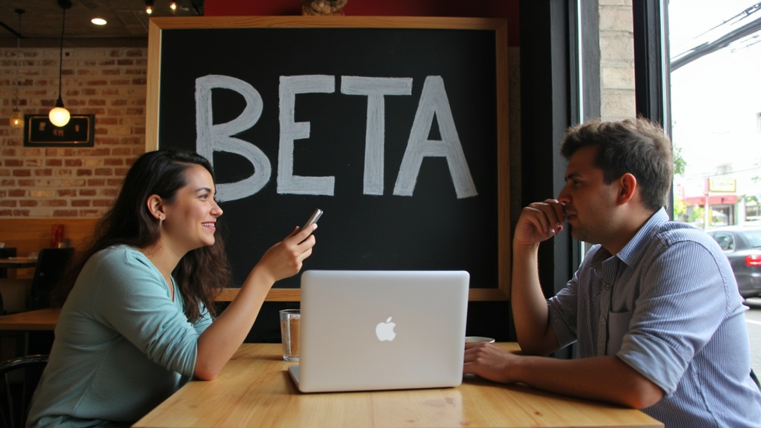 Wide shot of a diverse pair seated at a café table, one person holding a smartphone while the other looks on with interest, a closed laptop on the table between them, with "BETA" written in large bold font on a nearby chalkboard