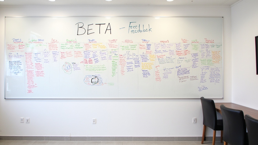 Wide shot of a minimalist office space with a large whiteboard covered in colorful notes and diagrams, emphasizing the feedback process, with "BETA" written in large bold font on the corner of the whiteboard