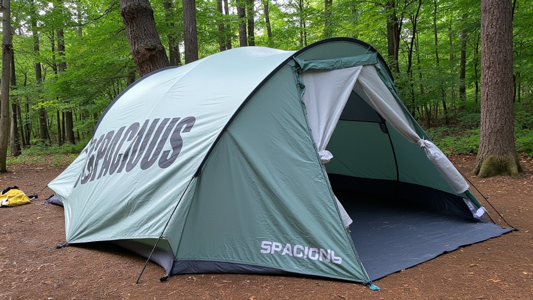 Wide shot of a massive 12-person tent partially set up in a forest clearing, with tent poles and instruction manual visible nearby, and there's written "SPACIOUS" with large bold font on the tent's side.