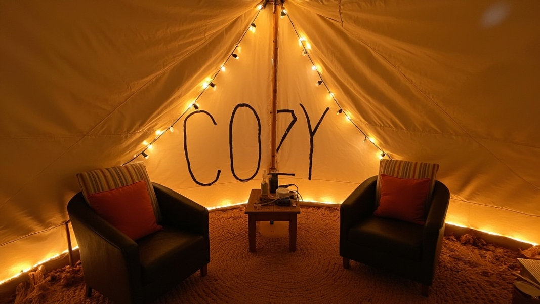 Wide shot of a spacious bell tent interior, showcasing comfortable chairs and a small table illuminated by string lights, with "COZY" written in large bold font on the canvas wall.