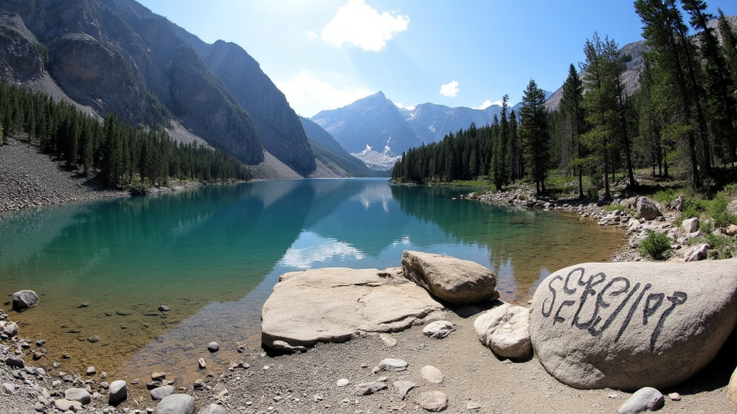 Wide angle view of a secluded mountain lake flanked by evergreens, featuring a natural stone platform suitable for setting up camp, with "SERENITY" written in large bold font on a nearby boulder.