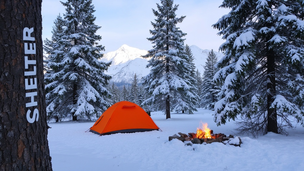 Wide view of a serene winter campsite showcasing a bright orange tent among snow-covered evergreens, a small campfire, and distant snow-capped mountains, with "SHELTER" written in large bold font on a nearby tree trunk.