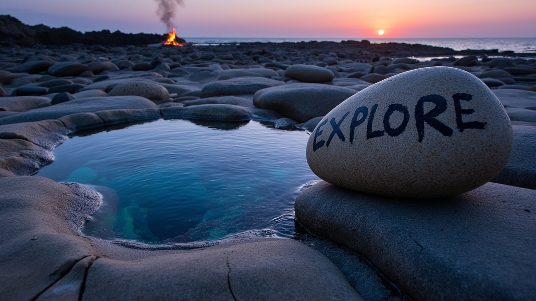 Close-up of a vibrant tide pool on a rocky beach, with a distant campfire glowing as the sun sets on the horizon, and there's written "EXPLORE" with large bold font on a nearby smooth stone.