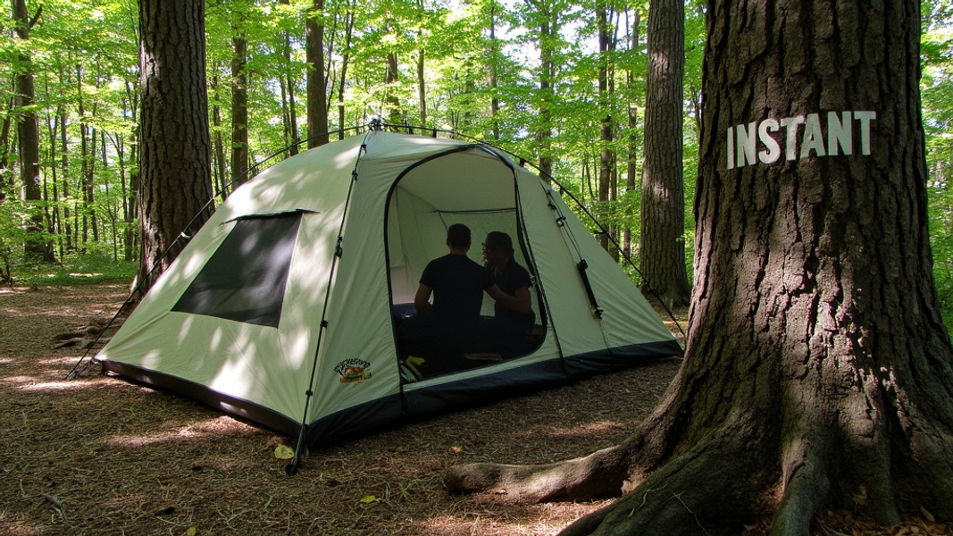 Medium shot of a Caddis Rapid 4 Tent rapidly expanding in a sunlit forest clearing, with two silhouettes visible through the mesh windows observing the setup, and there's written "INSTANT" with large bold font on a nearby tree trunk.