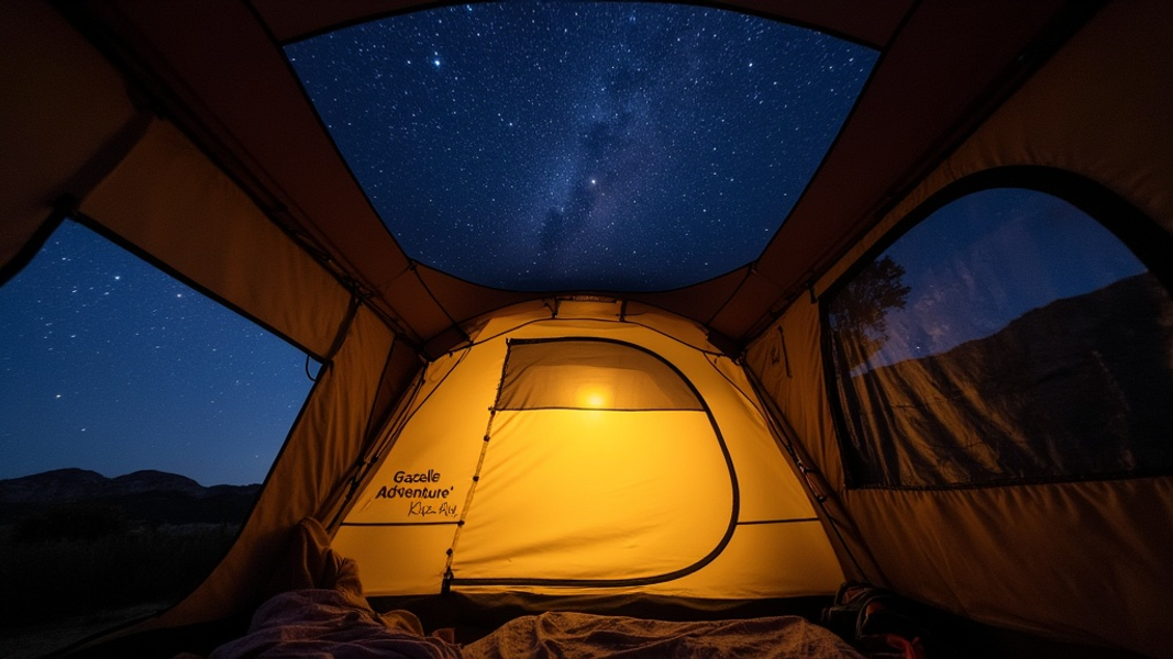 Medium shot of a spacious Gazelle T3X Hub tent interior, illuminated by a warm glow, with the mesh roof framing a spectacular starry night sky, and there's written "Adventure" with large bold font on the tent's side.