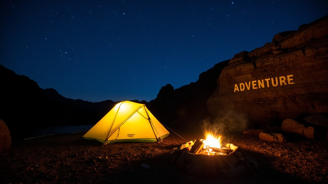 Wide shot of a Caddis Rapid 4 Tent radiating light in a tranquil mountain setting, framed by a star-studded night sky and a crackling campfire, with "ADVENTURE" written in large bold font on a nearby rock face.