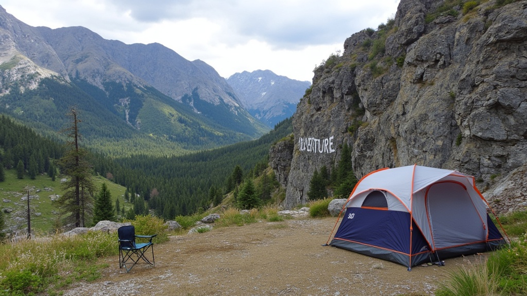 Wide angle view of a Gazelle T3X Hub tent nestled in a serene mountain setting, accompanied by a lone camp chair overlooking the scenic vista, with "ADVENTURE" written in large bold font on a nearby rock face.