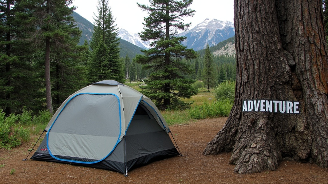Wide shot of a Coleman Pop-Up Instant Tent being set up in a forest clearing, with majestic mountains visible in the background and "ADVENTURE" written in large bold font on a nearby tree trunk.