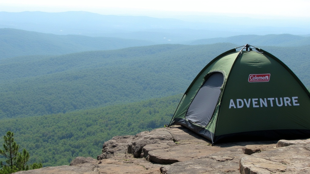 Wide shot of a Coleman Pop-Up Instant Tent perched on a rocky ledge, overlooking a vast expanse of green forest valley below, with "ADVENTURE" written in large bold font on the tent's side.