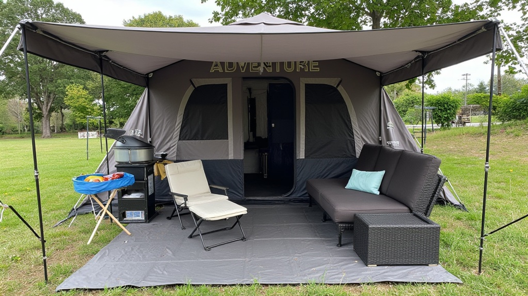 Wide angle view of a modern camping tent with an expansive awning, creating a comfortable outdoor living space complete with cooking area and seating arrangements, and there's written "ADVENTURE" with large bold font on the tent's side.