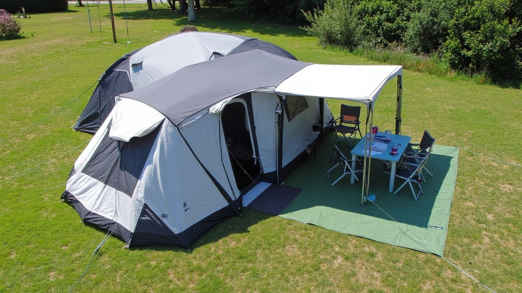 An aerial view of a campsite showcasing the Evo TM V2 inflatable tent connected to a shelter, with camping chairs and tables arranged in the spacious outdoor living area.