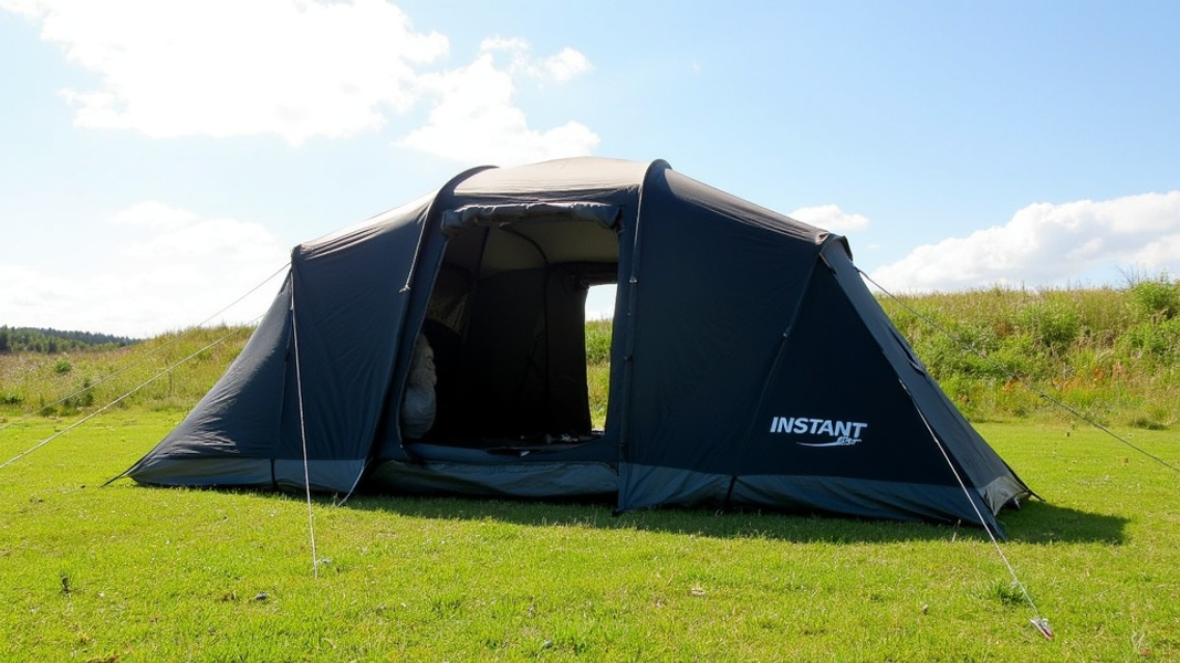 Wide shot of a sunny meadow with a Quechua 2 Seconds Easy Fresh & Black tent springing to life, its dark interior visible through the open door, with "INSTANT" written in large bold font on the tent's side.
