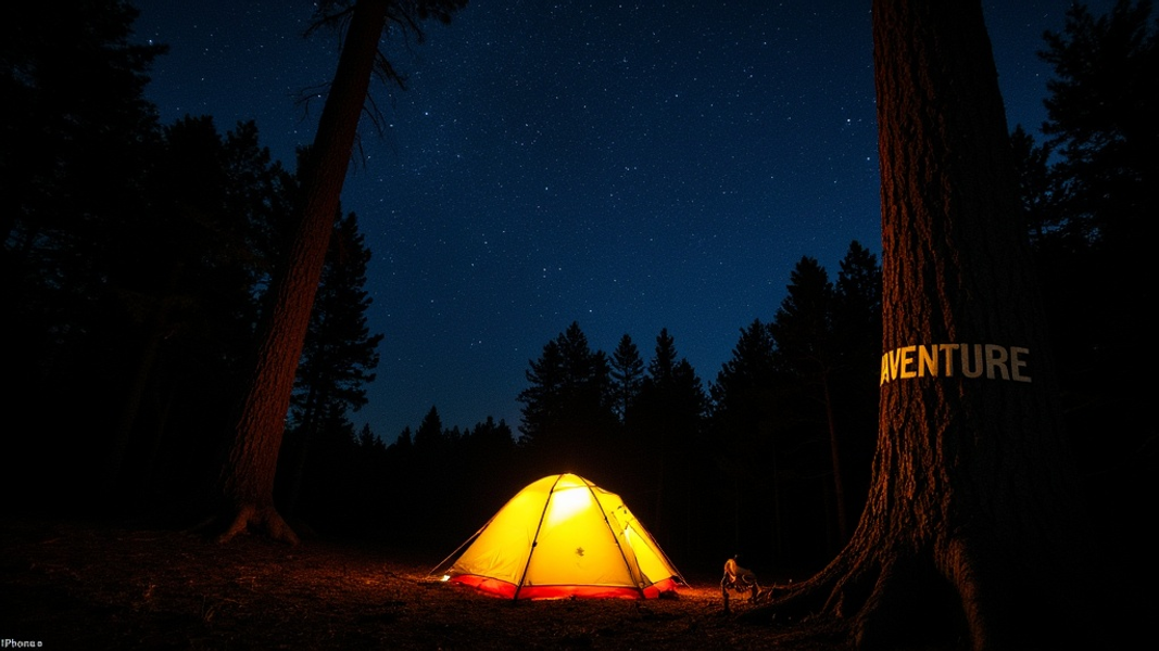 Wide shot of a luminous tent illuminating a forested campsite beneath a star-studded night sky, with "ADVENTURE" written in large bold font on a nearby tree trunk.