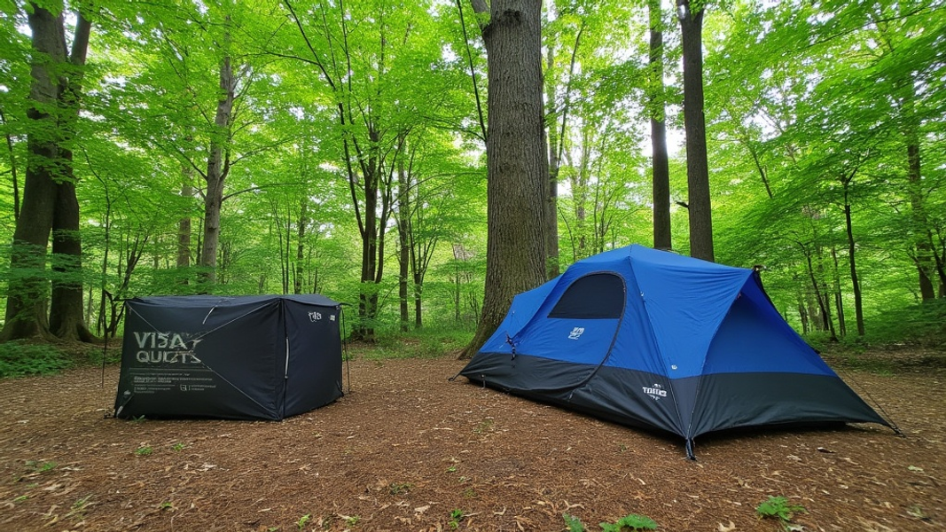 Wide shot of a forest clearing where a TETON Sports Vista Quick Tent transforms from a small bundle into a fully erected shelter, with lush greenery and towering trees in the background, and there's written "INSTANT" with large bold font on the tent's side.